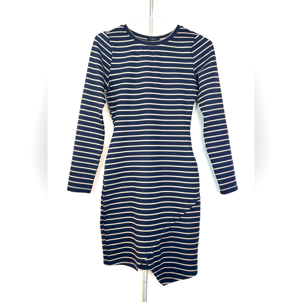 IRIS Nautical Stripe Long Sleeve Asymmetric Hem Bodycon Dress Navy Tan Size SM